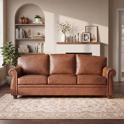 Vintage Living Room Standard Couch, 89" Traditional Upholstered Nailhead Trim 3-seater Sofas & Couches With Rolled Arms And Wood Legs For Farmhouse, Apartment, Faux Leather