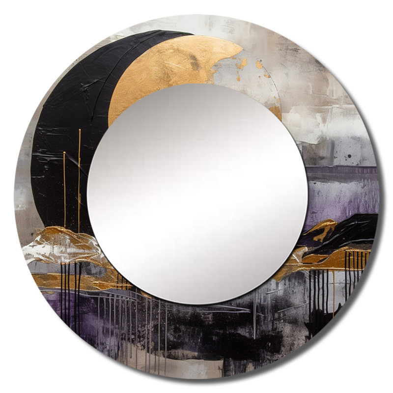 Prasant Golden Rising Moon IV - miroir de paysage, miroir mural rond unique mauve, impression d'art en métal, 29 po x 29 po