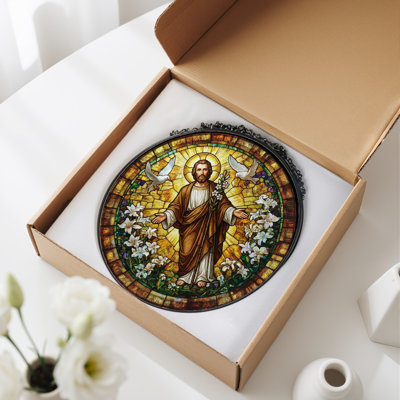 Jesus Doves Stained Glass Window Panel，7.8H