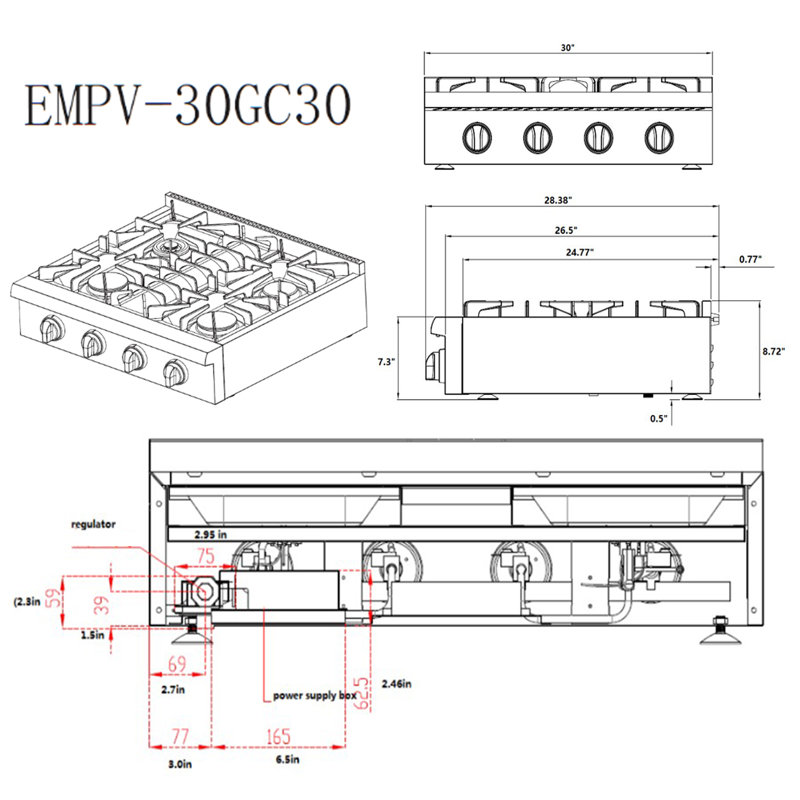 Empava 30 in. 4 Burners Slide-in Natural Gas Cooktop Range Top, in Stainless Steel, with LP Convertible, 18K BTU Power Burner
