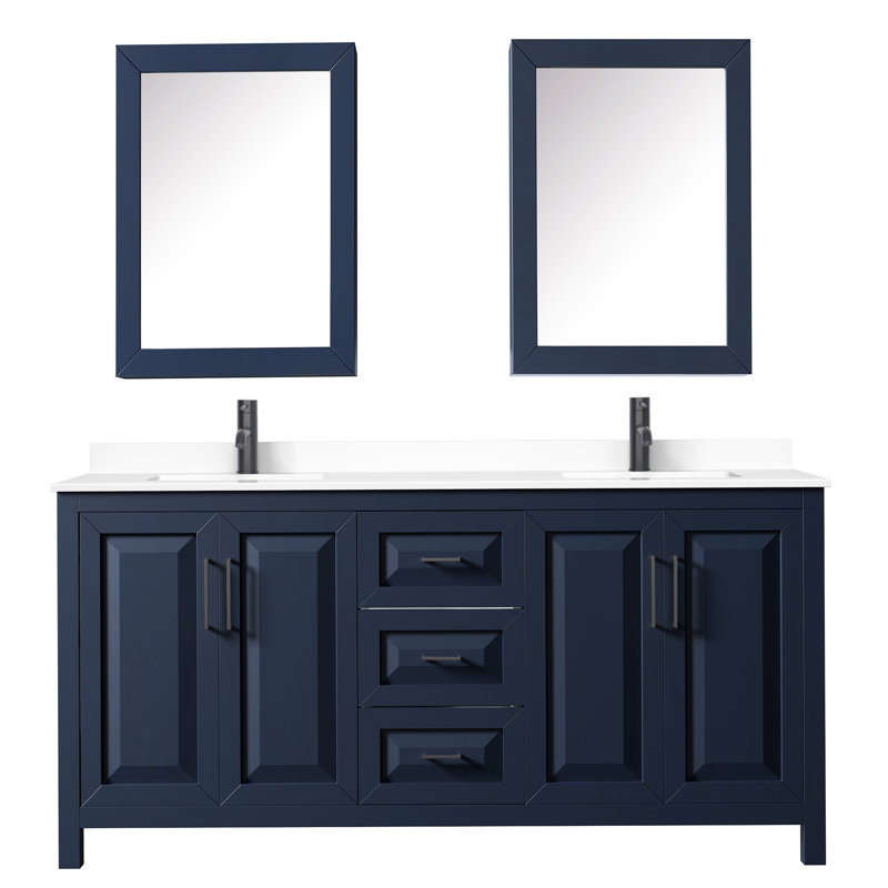 Daria 72'' W Double Vanity, Dark Blue, White Cultured Marble, Matte Black