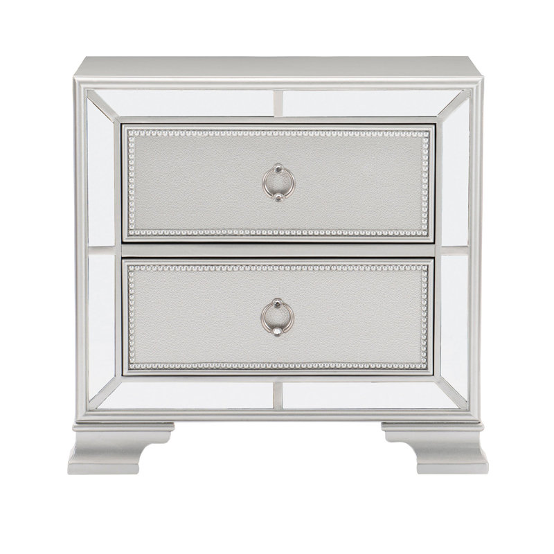 Table de chevet moderne et traditionnelle 2 pièces, argent, texturé, table de chevet de chambre à coucher, table de chevet sans assemblage requis avec finition argentée, 2 tiroirs, style, nécessaire
