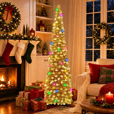 Sapin de Noël miniature illuminé de 1,5 m, pliable et mince, avec 70 lumières multicolores, idéal pour décorer les petits espaces pendant les fêtes.