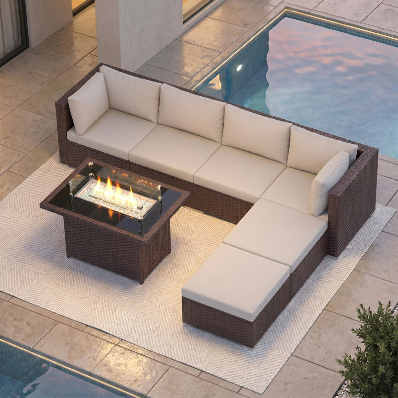 Mirisola 7-Piece Outdoor PE-Wicker Sectional Conversation Set with 43" Rectangular 60,000 BTU Fire Pit Table, Dual-Fuel, 2 Ottomans
