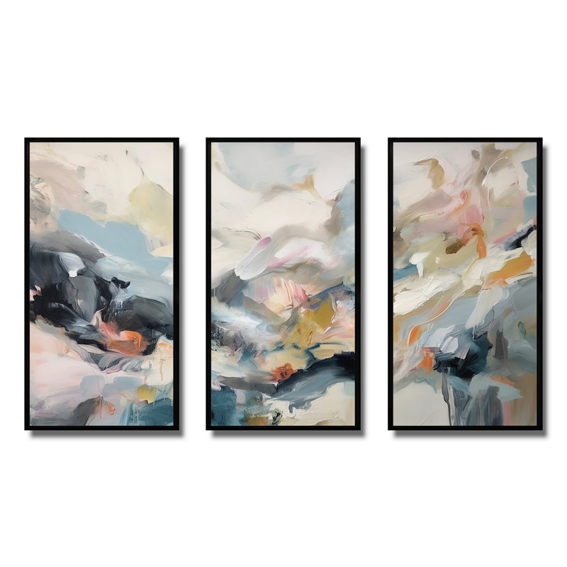 Gris et bleu, vagues vives fluides I - art mural abstrait, Cadre flottant noir, H 28 po x l 36 po x P 1 po