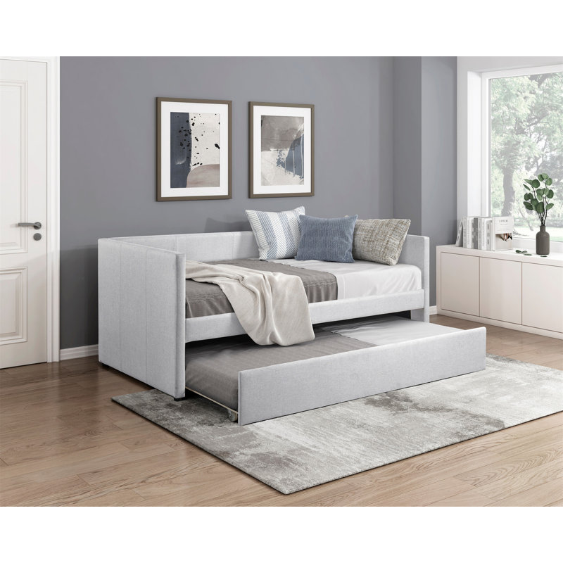 1Pc Daybed With Trundle Fabric Upholstery Wooden Frame Modern Home Furniture, Gray