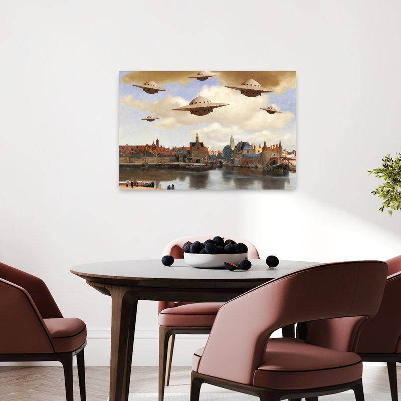Ufos Over Historic City Classic Retro Surreal City Architecture Wall Art Print by Marja Van Den - Wrapped Canvas Print