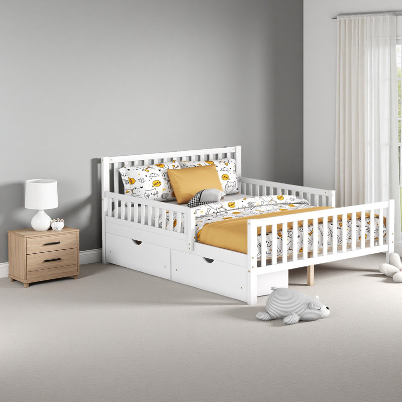 Lit plateforme double en bois avec garde-corps des deux côtés et deux tiroirs de rangement, Blanc