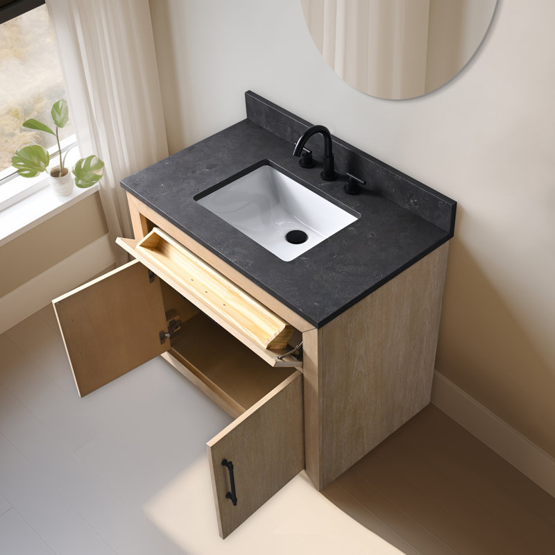 Ensemble de meuble-lavabo 36 po, Pierre calcaire noire, Blé clair