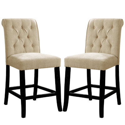2 chaises de salle à manger en chenille rembourrées, noir et beige antique, motif de dossier à volutes, bouton, bois massif pour l'espace des chaises à l'intérieur et à l'arrière, espace