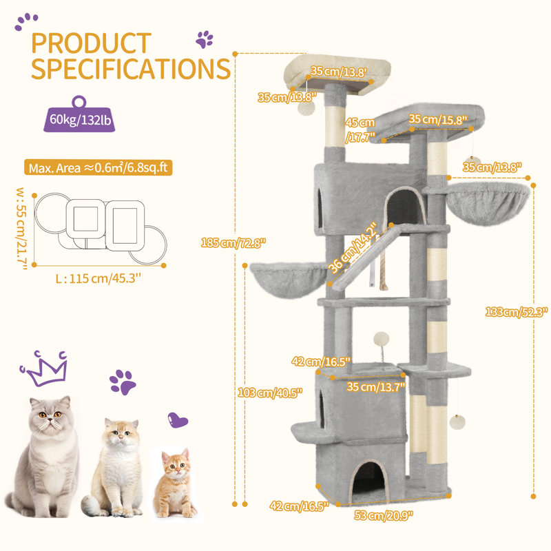185 cm Cat Tree, Large Cat Tower for Indoor Cats, Cats House Furniture with Scratching Ramp, 2 Platforms, 3 Condos, 6 Scratching Posts, 2 Baskets, Pompoms
