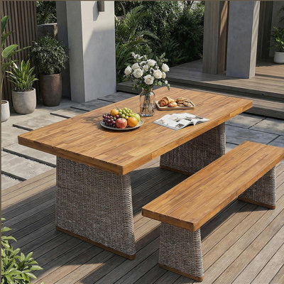 Ensemble de table de salle à manger d'extérieur en bois d'acacia avec 1 table et 1 banc, brun