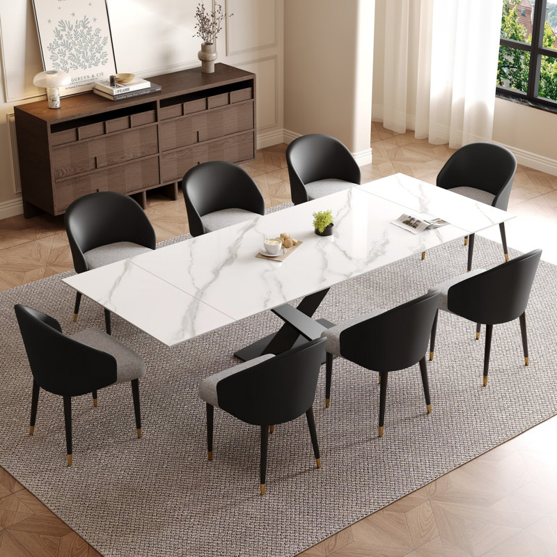 Russile 9 - Piece 94.48'' Extendable Sintered Stone Dining Table With 8 Leather Chairs Dining Set, White, Black/Gray