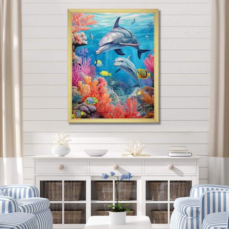 «Dolphin Family Ocean Ballet» sur toile, H 20 po x l 12 po x P 1 po, Cadre doré simple