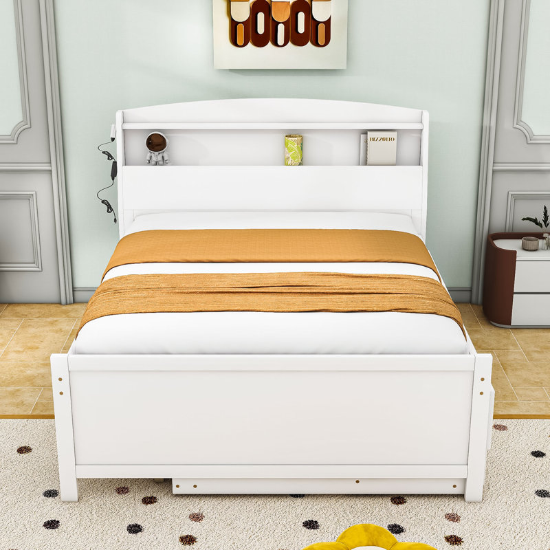 Lit plateforme multifonctionnel avec tête de lit à DEL et lit gigogne simple avec rangement, Double