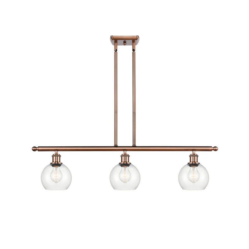 Luminaire suspendu linéaire à 3 lumières pour îlot de cuisine Cindi, Cuivre antique, Transparent