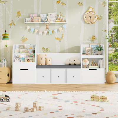 71.1"W Wood Kids Bookcase With 5 Drawers, Seat Cushion, Reading Nook & Toy Organizers by Latitude Run