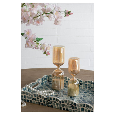 Set of 2 Amber Shimmer Hourglass Timers with White Sand - Copper and Gray Glass Accents