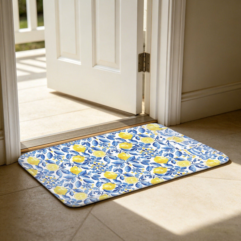 Blue White Lemon Floral Floor Mat 24 x 36 inch for Outdoor and Indoor