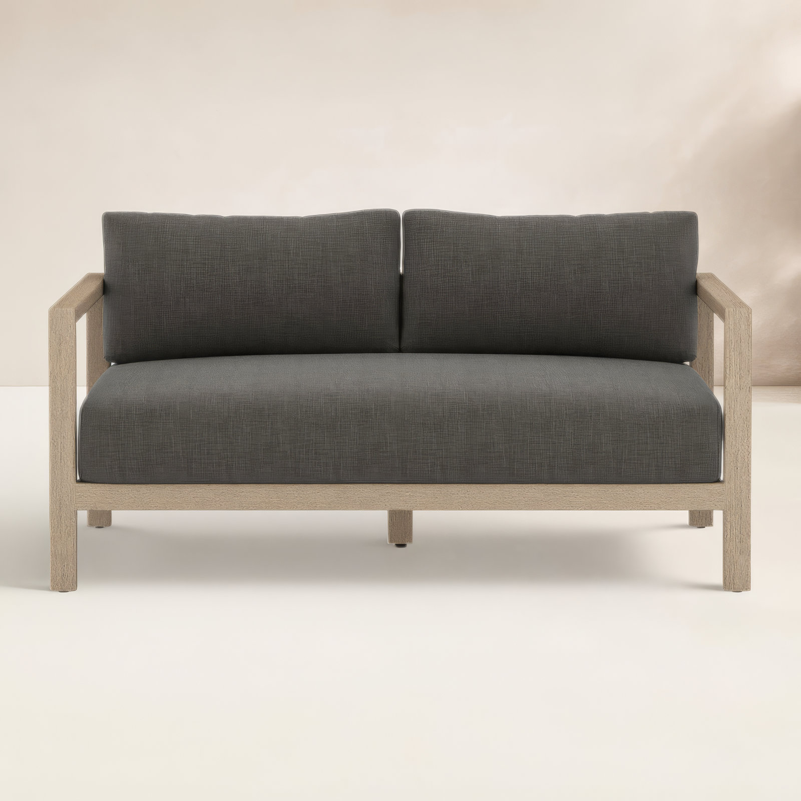 Cavani 59.75'' Wide Teak Loveseat with Cushions, Washed Brown, Charcoal