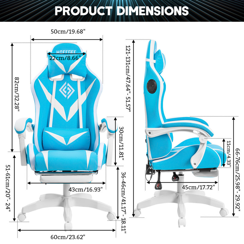 Hoffree Massage Ergonomic Gaming Chair with Bluetooth Speakers and RGB LED Lights, Blue/White