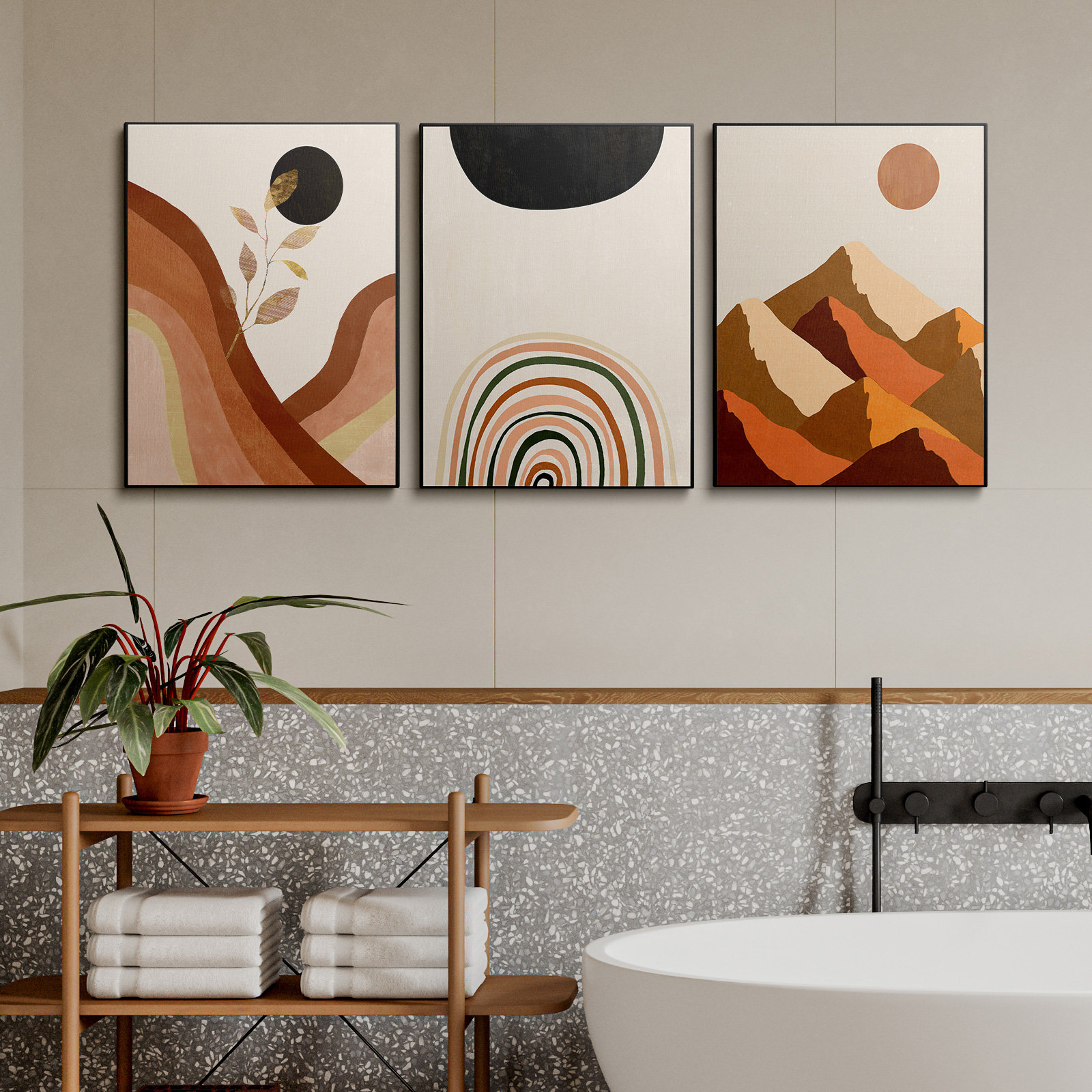 https://assets.wfcdn.com/im/01428809/compr-r85/2555/255553646/mid-century-modern-geometric-mountain-range-plants-sunlight-abstract-boho-wall-art-framed-on-canvas-black-solid-semi-circle-3-pieces-print.jpg