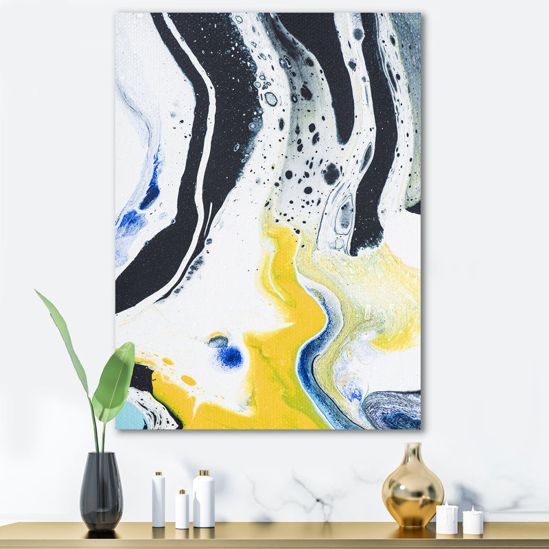 Composition abstraite de marbre en jaune et bleu IV - peinture sur toile, H 32 po x l 24 po x P 1 po, Toile tendue