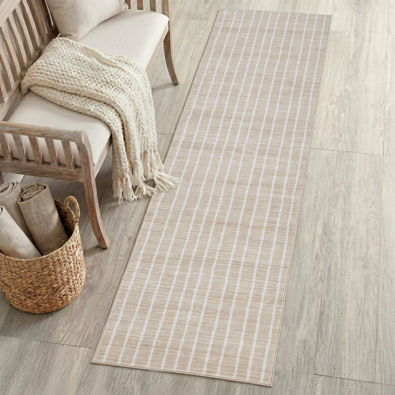 Tapis antidérapant à rayures délavé Orton, Beige/Cream, Runner 2' x 8'