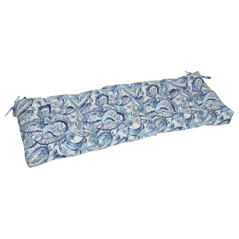 Tufted Outdoor Bench Cushion, White/Faylinn Lapis Paisley, 55" W x 19" D