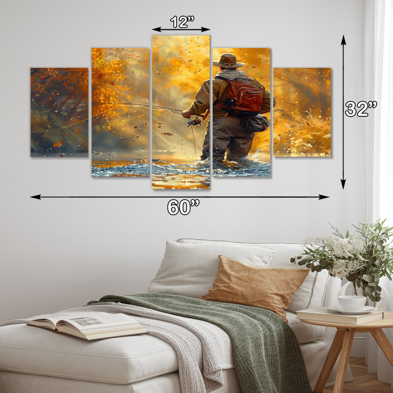 Autumn River Fishing - Chasse et pêche, ensemble de salon d'art mural