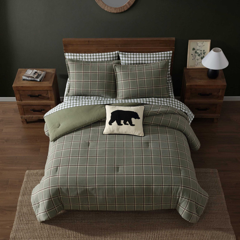 Eddie Bauer Alpine Plaid Cotton Flannel Green Comforter Set, King Comforter