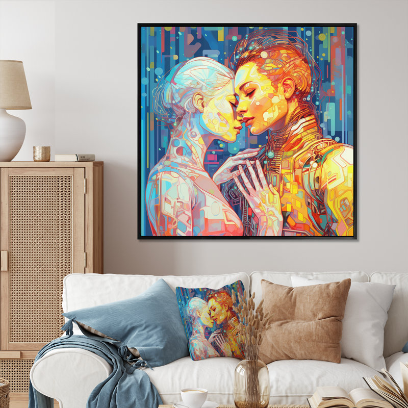 «Retro Robot Couple in Love», reproduction sur toile, H 36 po x l 36 po x P 1,5 po, Cadre flottant noir