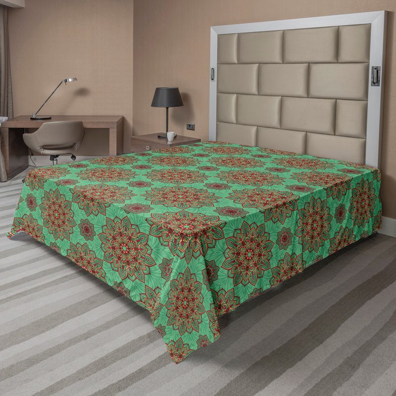 Ambesonne Top Flat Sheet Royal, Green Red Yellow Floral 3, King Flat Sheet