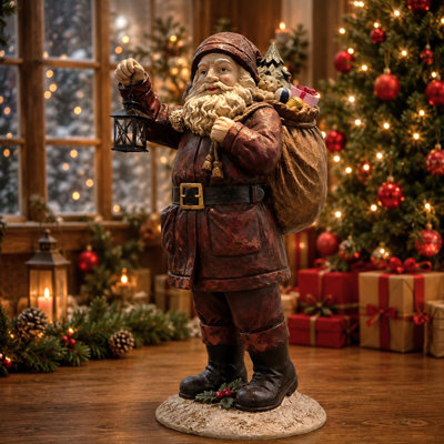 32in. Tall Hand Painted Old World Santa Figurine with Lantern