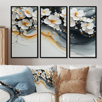 Velvet Cherry Blossoms Black III - Cherry Blossom Framed Wall Art - 3 Panels