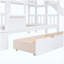 Lit superposé simple au-dessus d'un lit simple avec tiroirs de rangement, tablettes et glissière, blanc