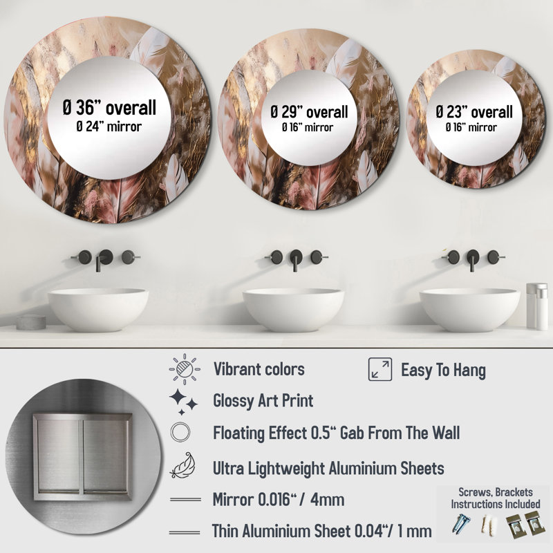 Ogilvy, plumes glamour dorées de Boho Fantasy III - miroir mural unique en plumes Glam, 29 po x 29 po