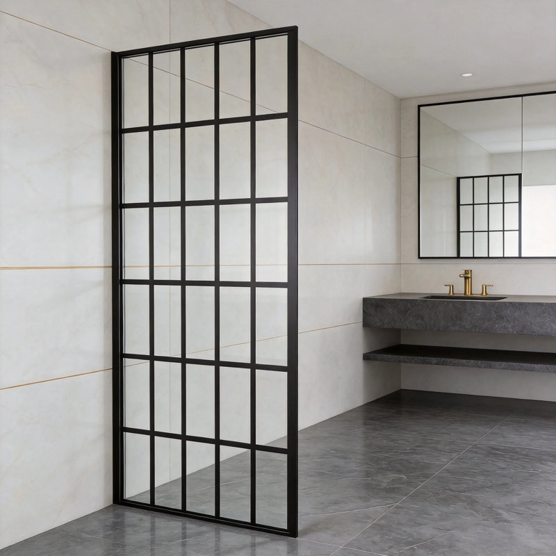 Porte de douche à l'italienne monobloc sans cadre, 96,5 cm (L) x 182,9 cm (H), noir mat, verre trempé 8 mm