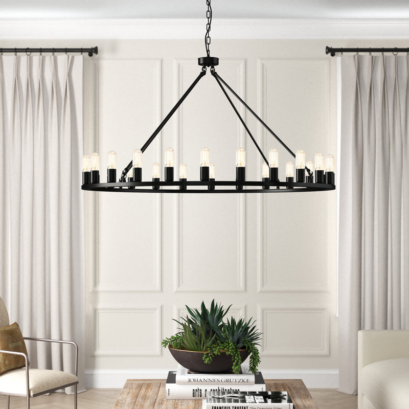 24 - Light Farmhouse Chandelier with Adjustable Height Candle Style Wagon Wheel Chandelier