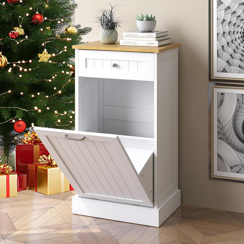 Armoire à ordures inclinable en panneau de fibres à densité moyenne blanc avec rangement coulissant et tiroir de 10 gallons