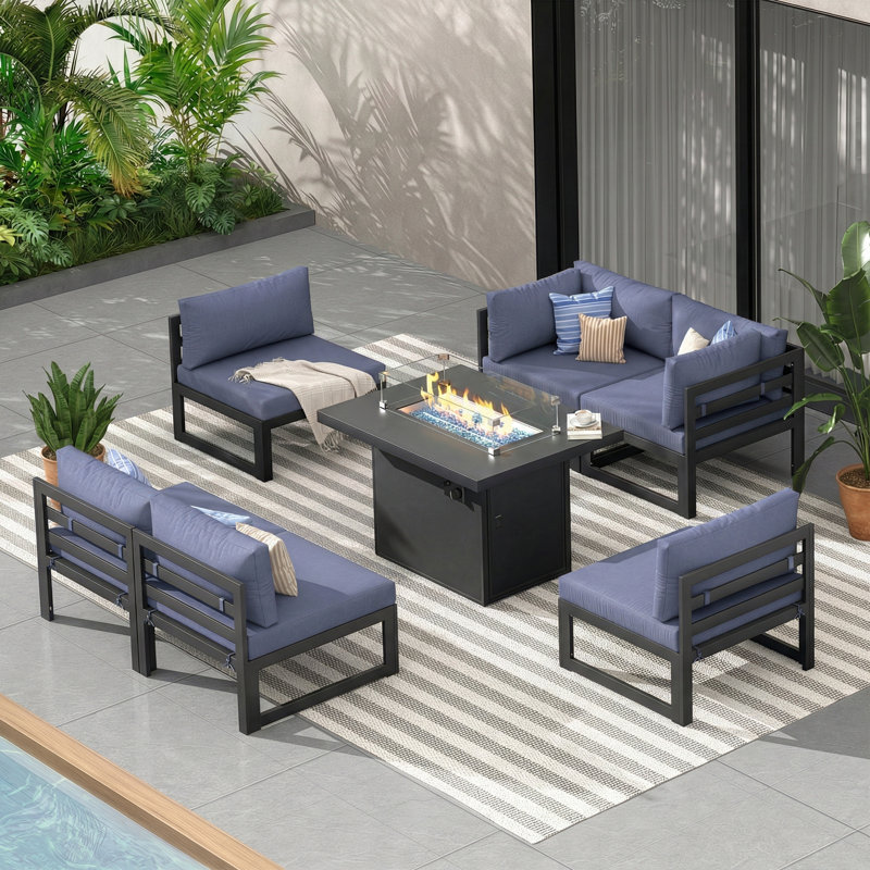 Gillet 7-Piece 6-Person Outdoor Patio All-Aluminum Sectional Conversation Set with 60,000 BTU Fire Pit Table and 4" High-Resilience Foam Cushions