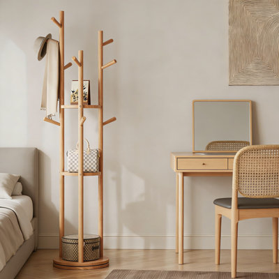 Portemanteaux rotatif en bois massif avec 3 tablettes et 9 crochets