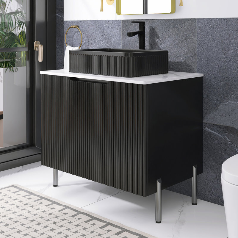 30" Fresstanding Single Bathroom Vanity with Ceramic Top, Black, Black