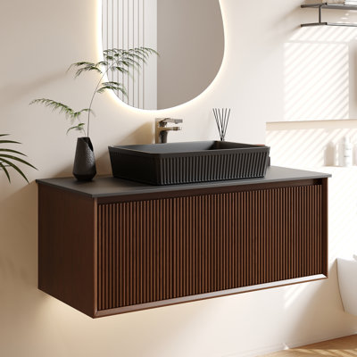 Meuble-lavabo simple moderne 35,4 po, meuble-lavabo flottant avec plateau blanc, armoire en bois massif, pré-assemblé
