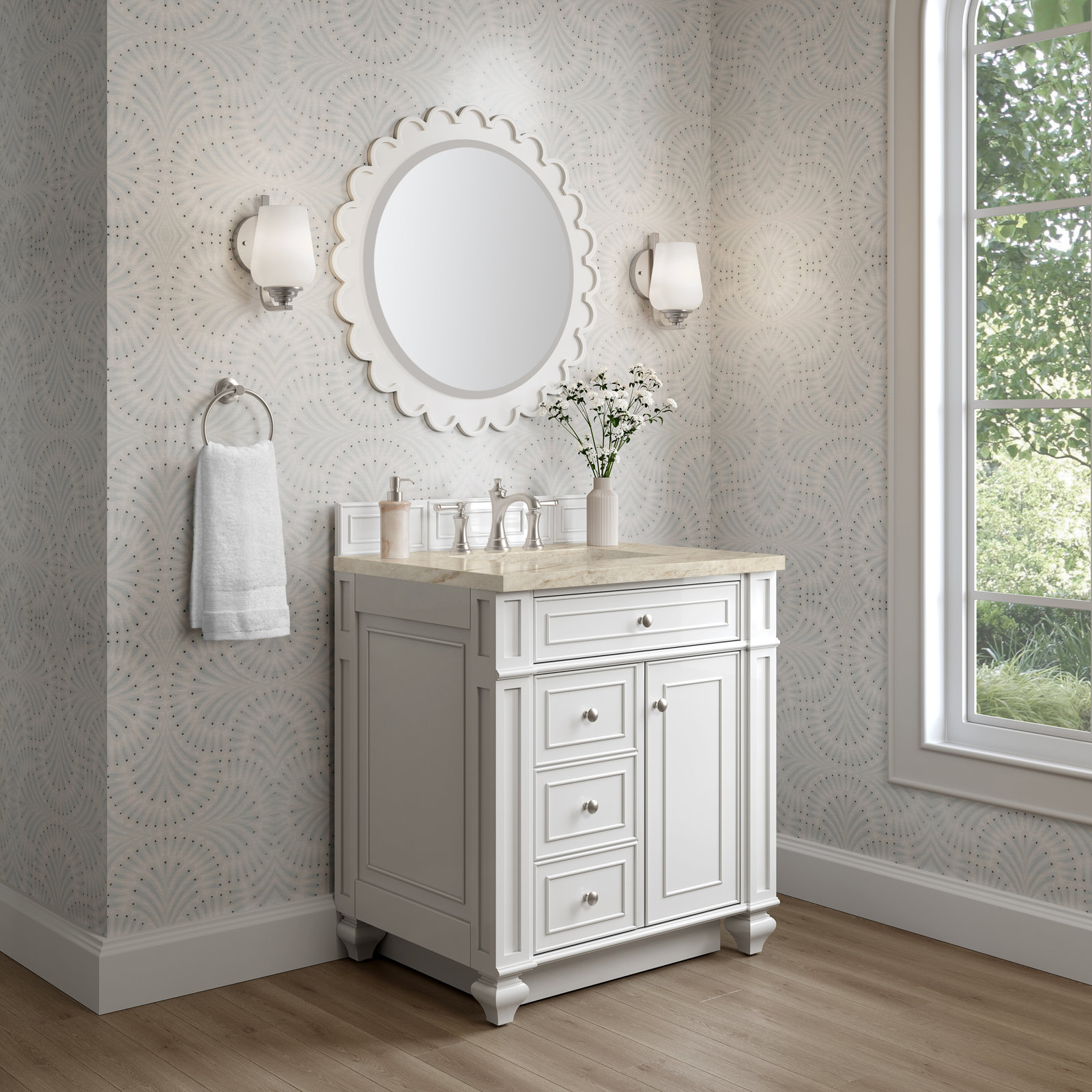 Calisto 30" Single Bathroom Vanity, Bright White, Tajnar Eclos, 8" Widespread