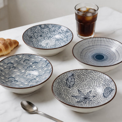4 Pack 38oz Blue White Ceramic Ramen Bowls For Soup Noodles Cereal