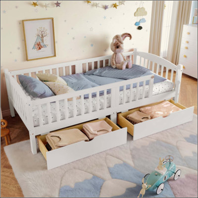 Lit plateforme avec garde-corps pleine longueur, lit plateforme pour enfants avec tiroirs de rangement, tête de lit enfantine et mignonne