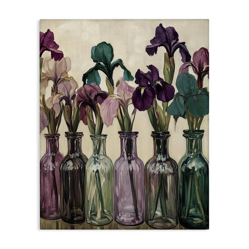 «Irises in Jewel Tone Bottles», art mural par Annabelle Hall, H 20 po x l 16 po
