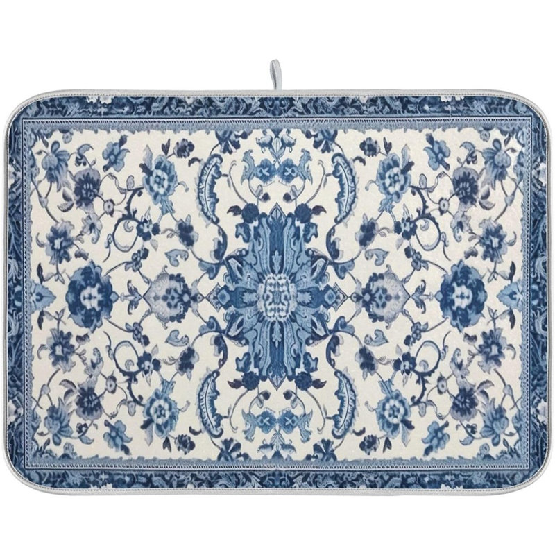 Tapis de vaisselle - bleu et blanc - absorbant, sous-comptoir de cuisine, tapis d'évier à café et égouttoir à vaisselle