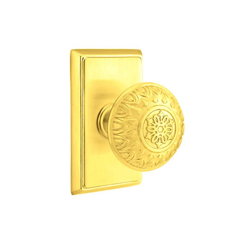Emtek Passage Knobset w/ Rectangular Rosette and Lancaster Knob, Bright Brass